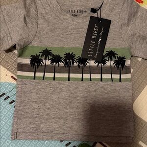 Little Bipsy Grey Tee with Black Palm Stripe and Green Accent